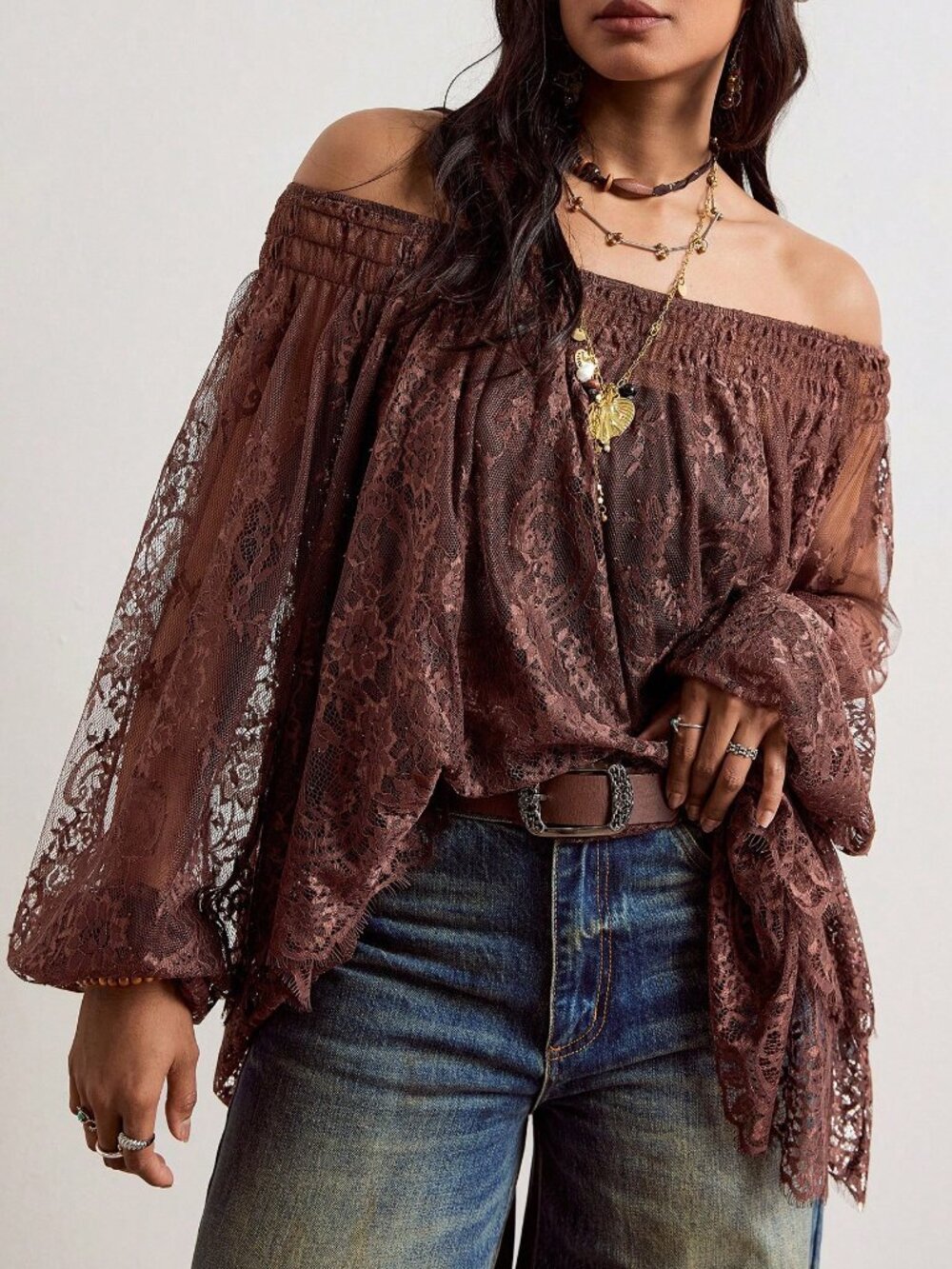 Brown Elegant Women's Ruched Knot Sheer Double Layer Bishop Top - Picture 5 of 8